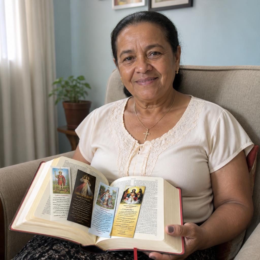 Senhora católica com a Bíblia aberta e marcadores devocionais