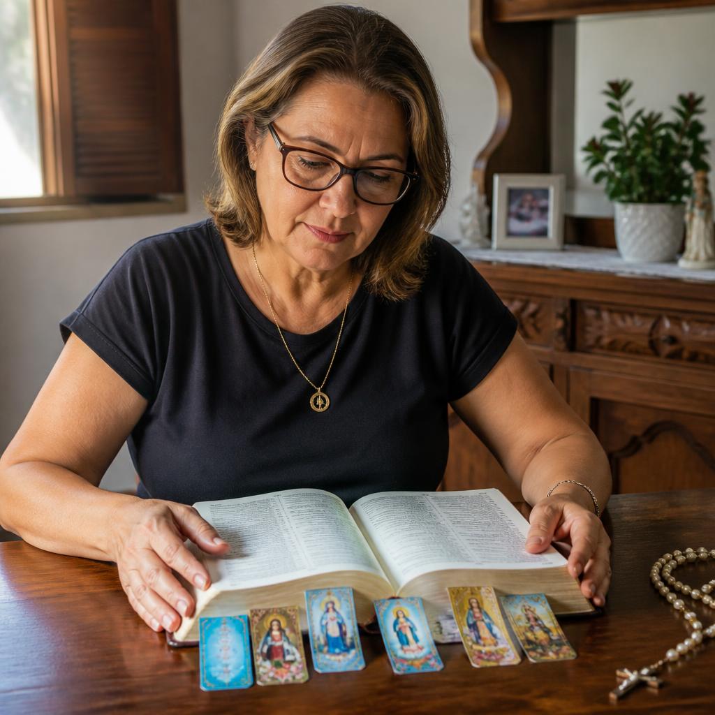 Senhora católica lendo a Bíblia com marcadores marianos